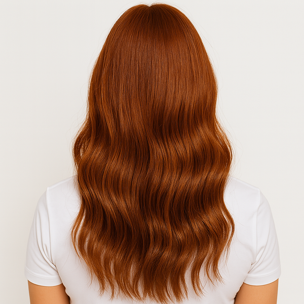 Person with long, wavy copper brown red hair wearing a white shirt on a light gray background