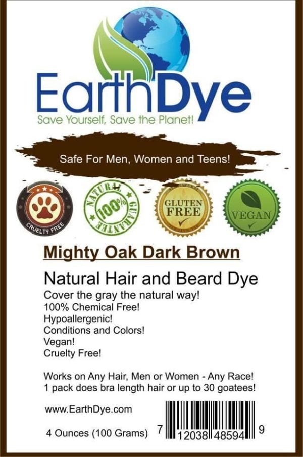 Packaging label for EarthDye natural dark brown hair dye, indicating it is a 100% chemical-free product and suitable for covering gray hair.