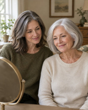 Caregiver and older woman with gray hair choosing a shade together