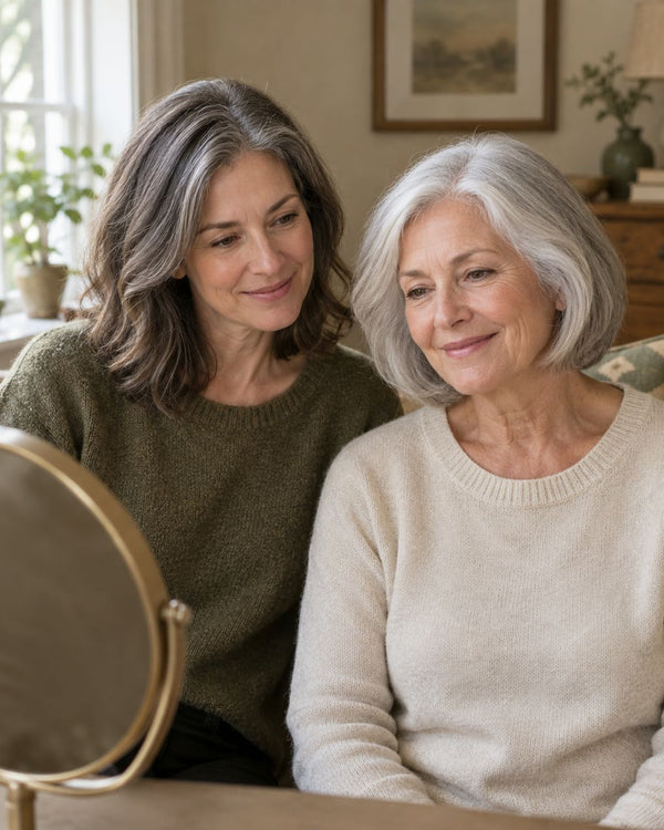 Caregiver and older woman with gray hair choosing a shade together