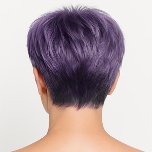 Short purple hair styled in a pixie cut on a plain background