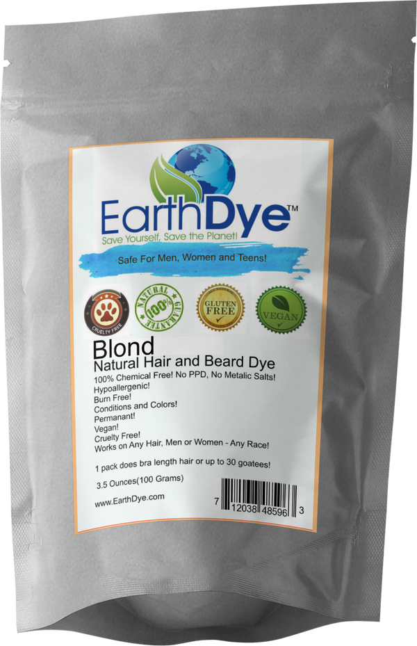 EarthDye blond natural hair and beard dye packaging on a gray background