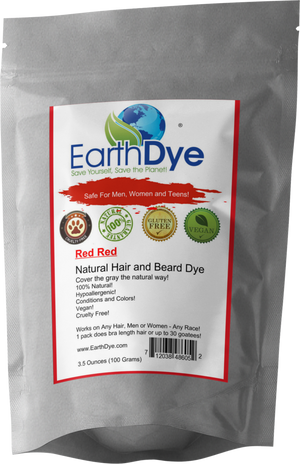 EarthDye natural hair and beard dye red red package with label on a gray background