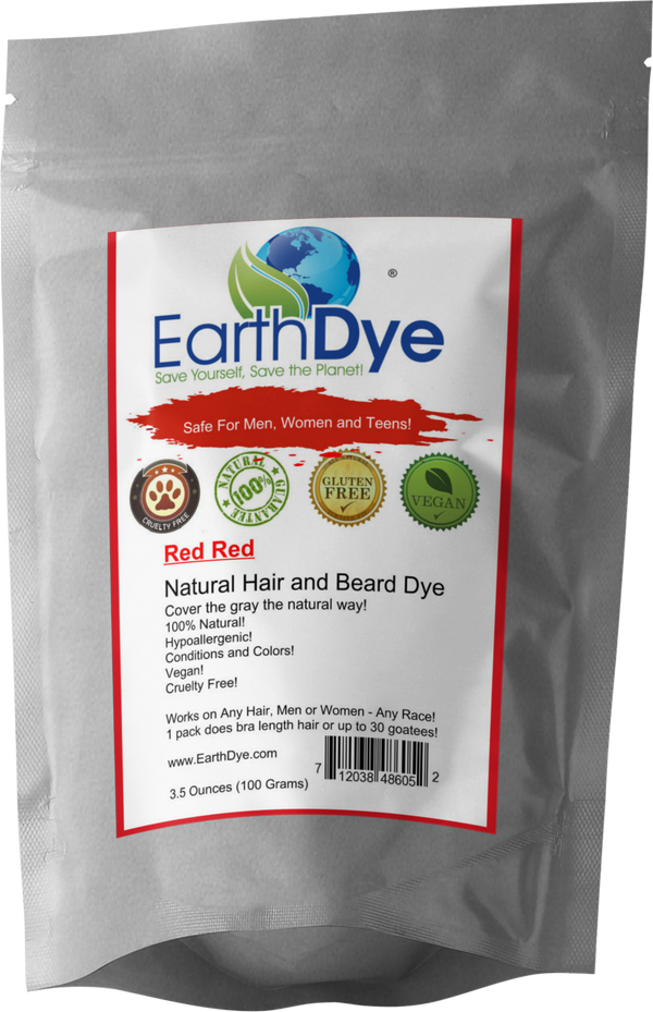 EarthDye natural hair and beard dye red red package with label on a gray background