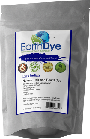 EarthDye Pure Indigo natural hair and beard dye packaging on a white background