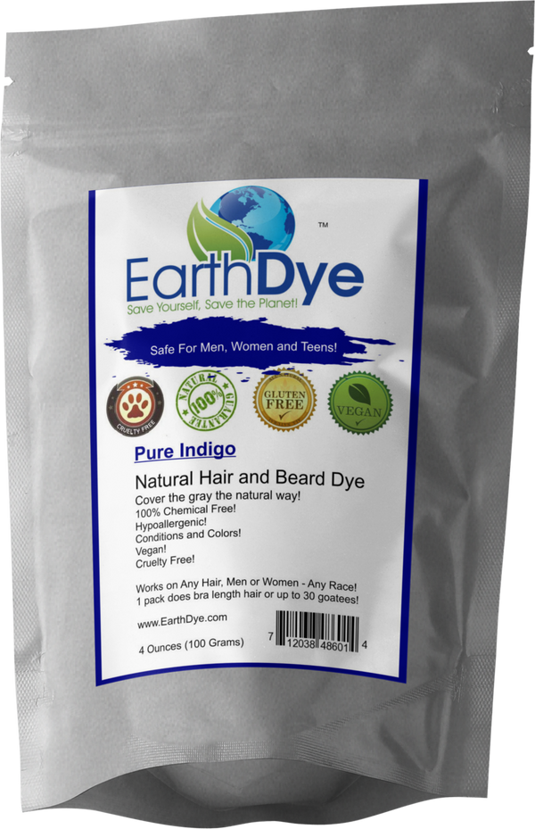 EarthDye Pure Indigo natural hair and beard dye packaging on a white background