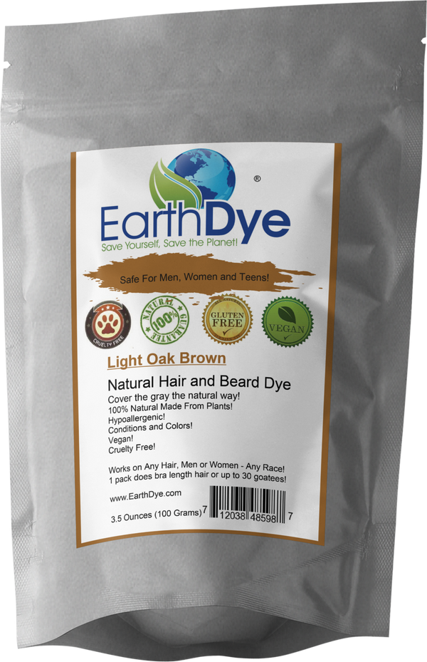 EarthDye natural light brown hair and beard dye package on a gray background