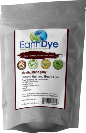 EarthDye Mystic Mahogany natural hair and beard dye package on a white background