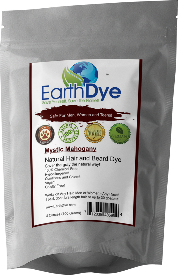 EarthDye Mystic Mahogany natural hair and beard dye package on a white background