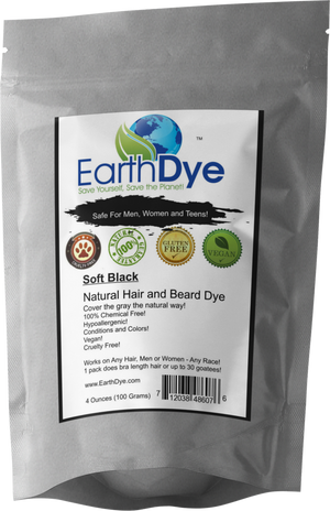 EarthDye soft black natural hair and beard dye package on a white background