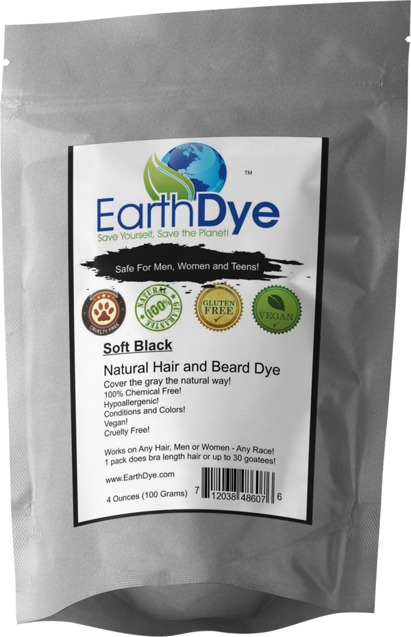 EarthDye soft black natural hair and beard dye package on a white background